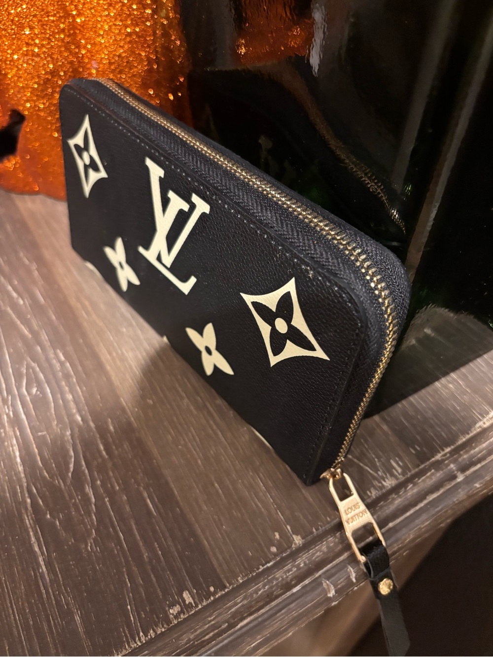 Louis Vuitton Black Wallet with Cream Monogram Accents